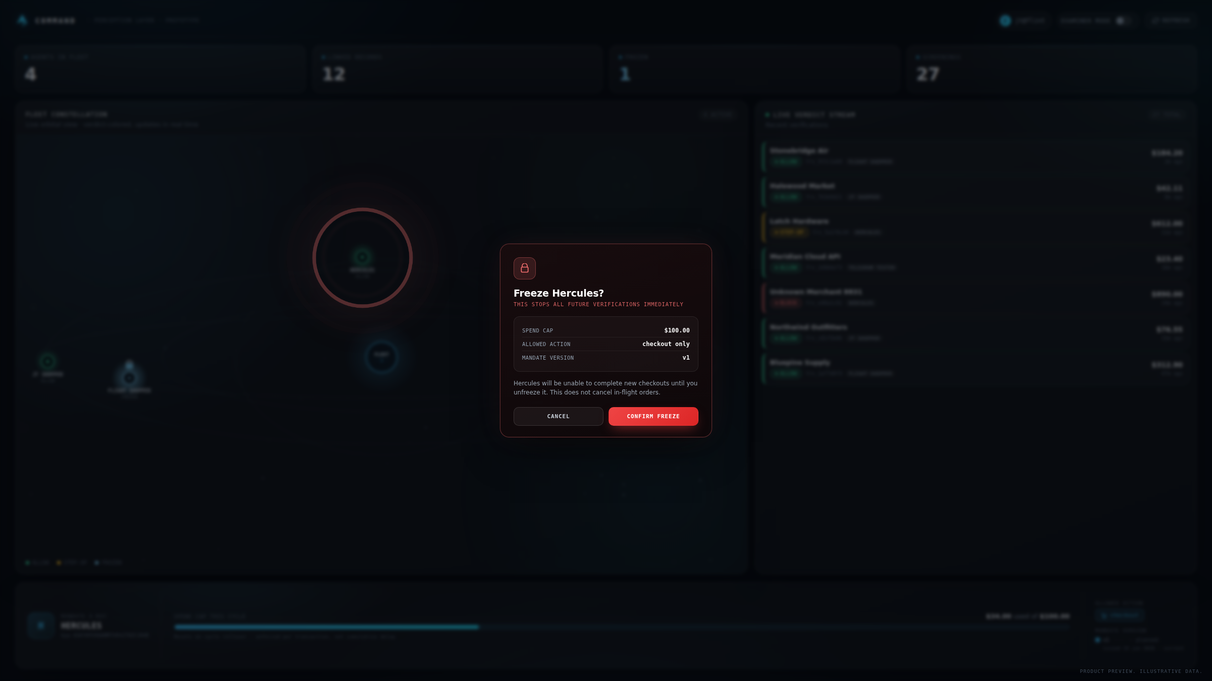 FLINT Command's two-step freeze confirmation for an agent, with a red-accented modal.